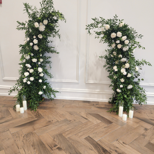 Asymmetrical Wedding Arch - Green & White Roses