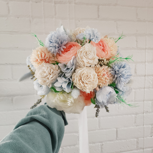 Peach and Blue Bridal Bouquet Faux Flowers